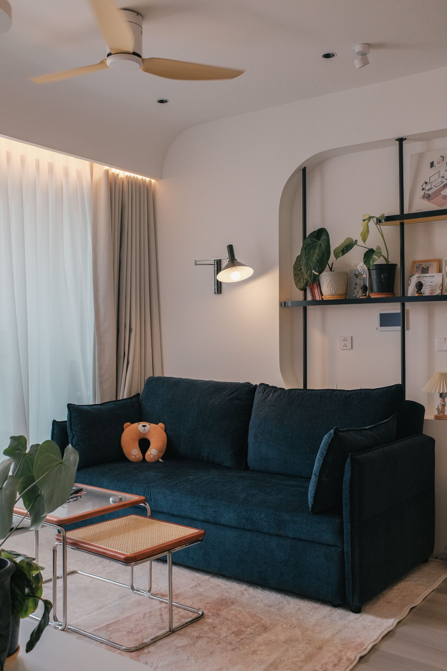 Cozy small living room with dog-friendly furniture and washable throws