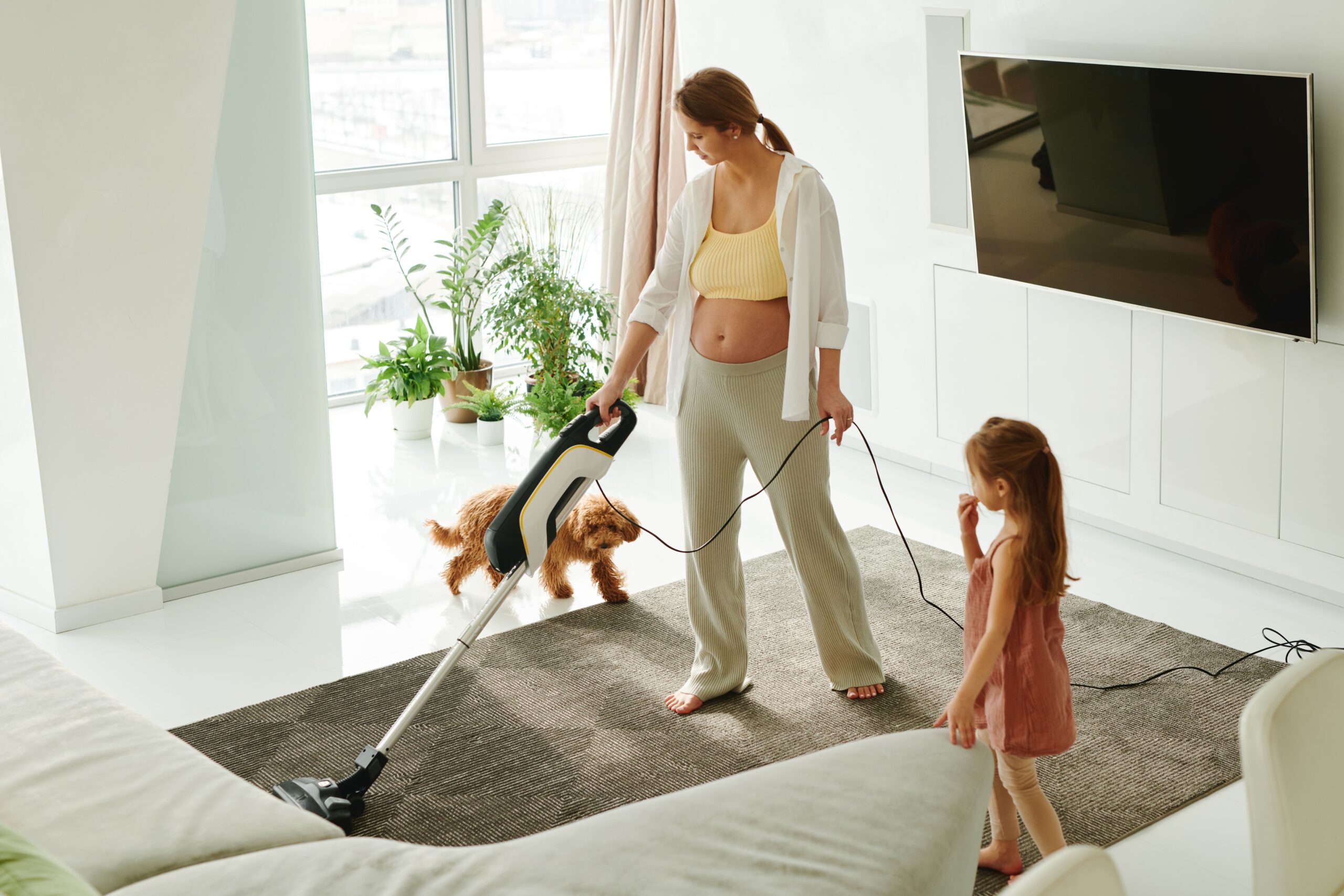 Vacuuming pet hair off the floor to keep a clean apartment with pets