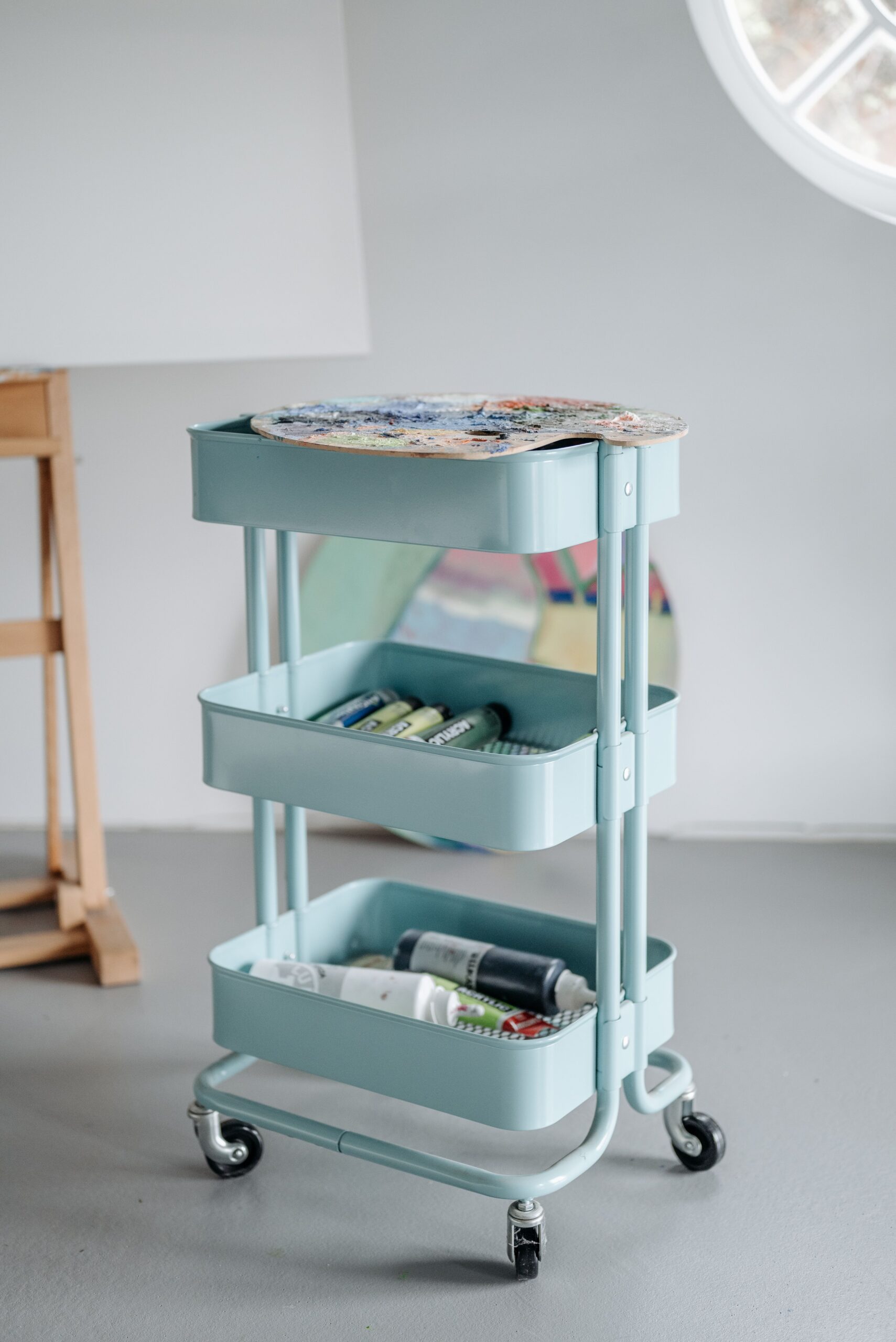 A rolling cart organizing pet grooming gear and supplies